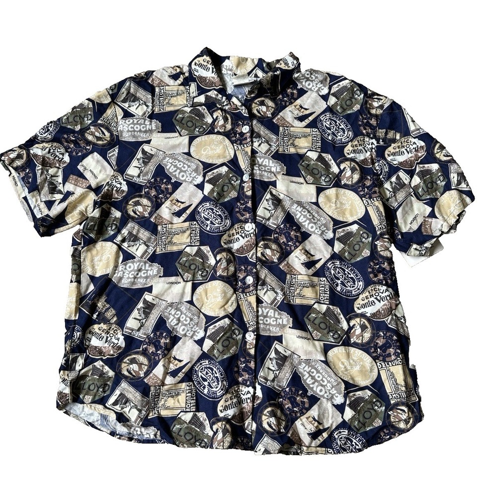 Vintage Kathie Lee Button Shirt Top Plus Size 24W Khaki Navy Abstract Print